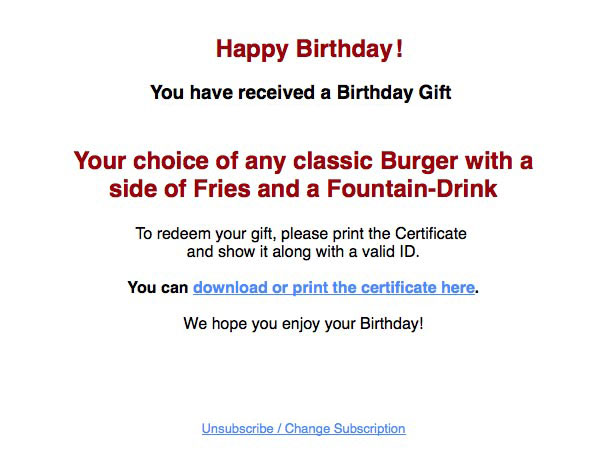 Personalized Email to Customers with Birthday Gift Link