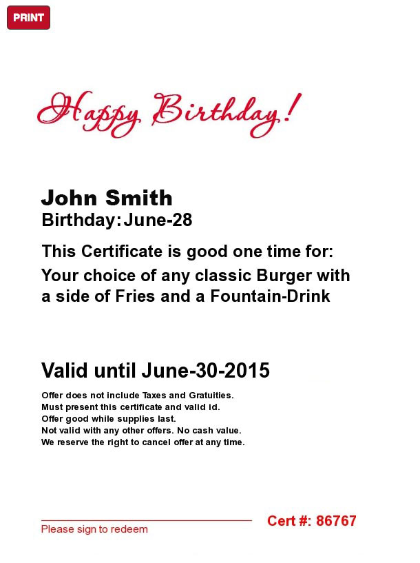 Birthday Club Certificate with Redemption Number